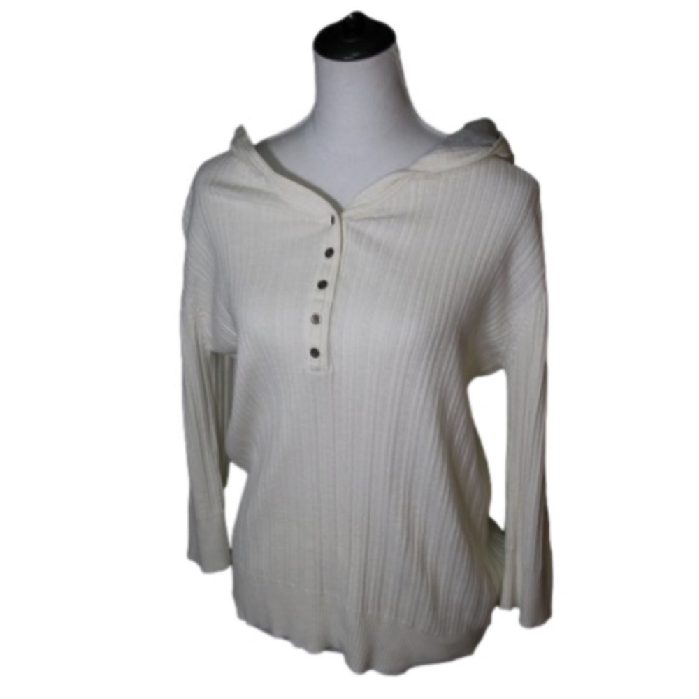 FADED Glory Cream Hooded Long Sleeve Partial Button Front Top Size Large
